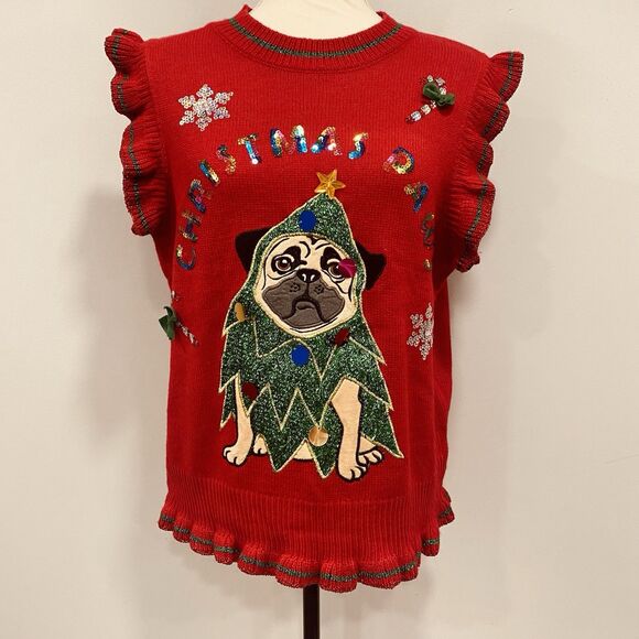 UGLY CHRISTMAS Sweater Vest M Pug Dog Embellished Sequin Metallic Knit Holiday - Picture 1 of 16